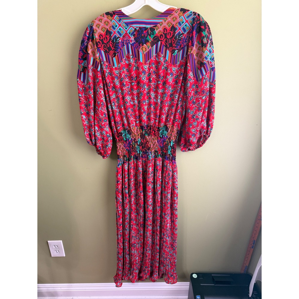 Vintage Diane Freis Pink Floral Georgette Smocked Waist Pleated Midi Dress 80s